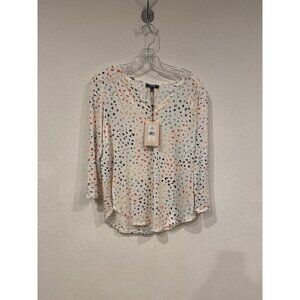 NYDJ Perfect Tee Shirt Womens Small White Multicolor V-Neck 3/4 Sleeve MLER3988